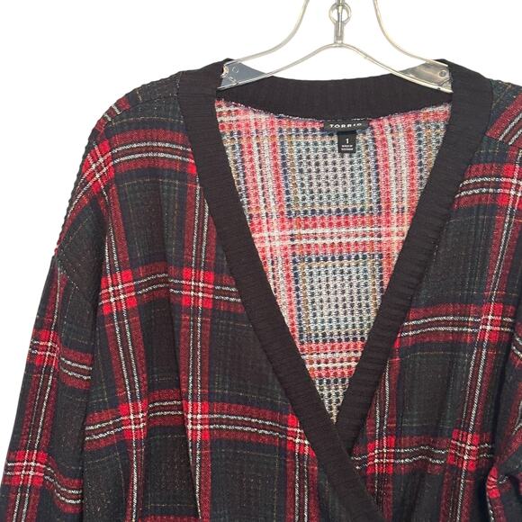 Torrid Brushed Waffle Surplice Drop Shoulder Top Womens Size 1X Black Red Plaid - Picture 3 of 12
